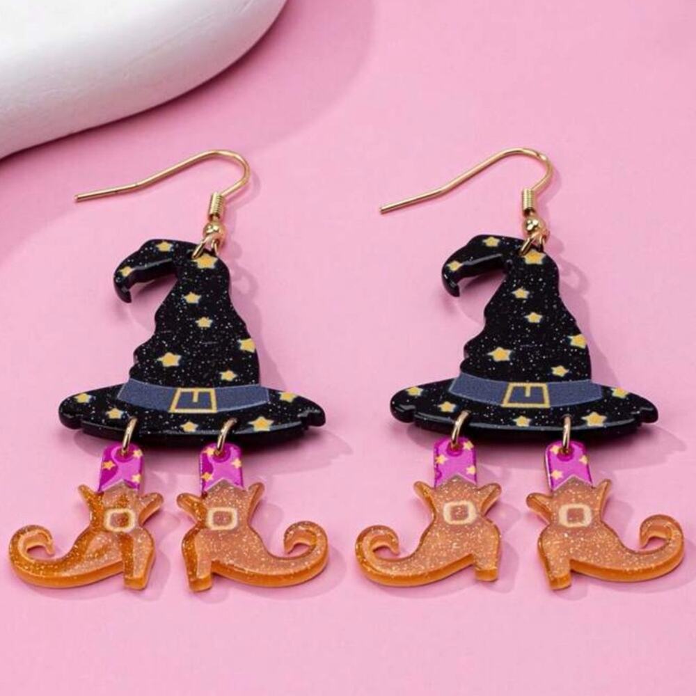 Witches Hat & Dangle Boots Black & Pink Halloween Earrings